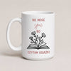 Polish book lover mug reading 'Nie mogę spać, bo czytam książki' with hand-drawn book and flowers illustration, white 15oz mug