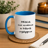 Funny Polish coffee mug with 'praca nie ucieknie, a kawa wystygnie' quote, lifestyle photo