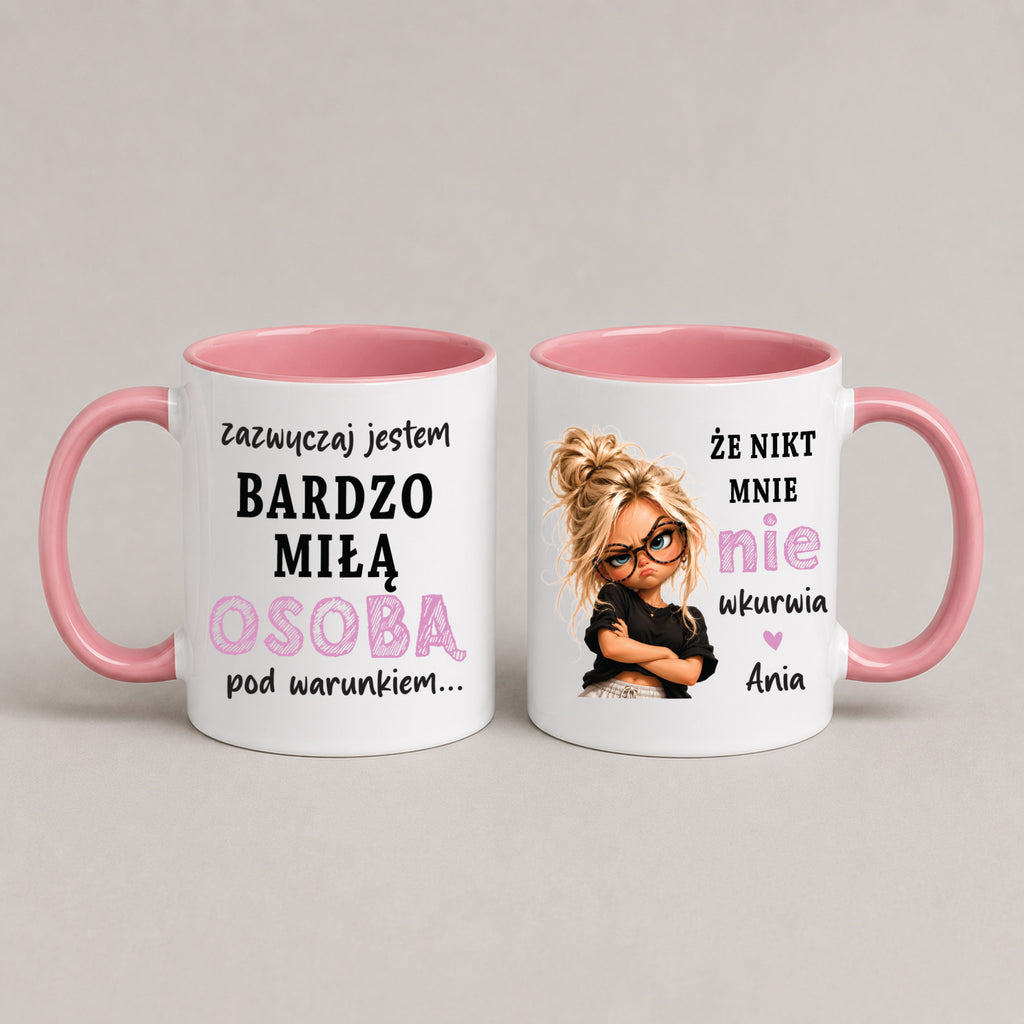 Pink 11oz ceramic Polish coffee mug featuring sassy cartoon girl design and personalized name