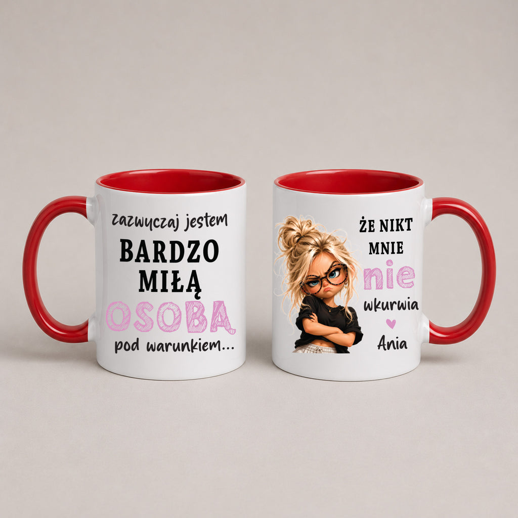 Red 11oz ceramic Polish coffee mug featuring sassy cartoon girl design and personalized name