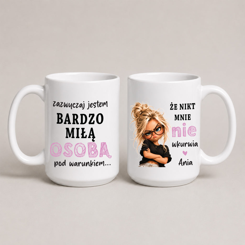 White 15oz ceramic Polish coffee mug featuring sassy cartoon girl design and personalized name