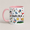 Personalized Polish folk art mug with custom name, stork, flag, pierogi and flowers - pink 11oz