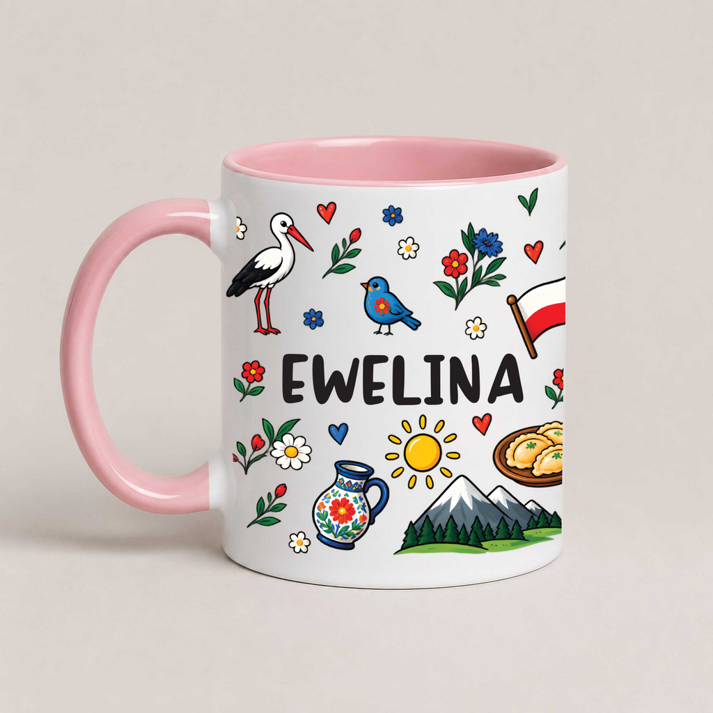 Personalized Polish folk art mug with custom name, stork, flag, pierogi and flowers - pink 11oz