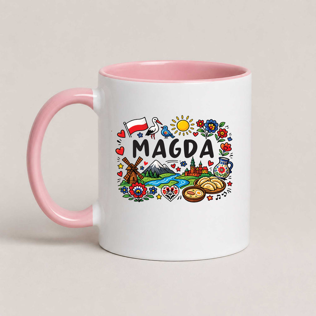 Personalized Poland landmarks mug with custom name, Polish flag, stork, Wawel Castle, windmill and pierogi - pink 11oz