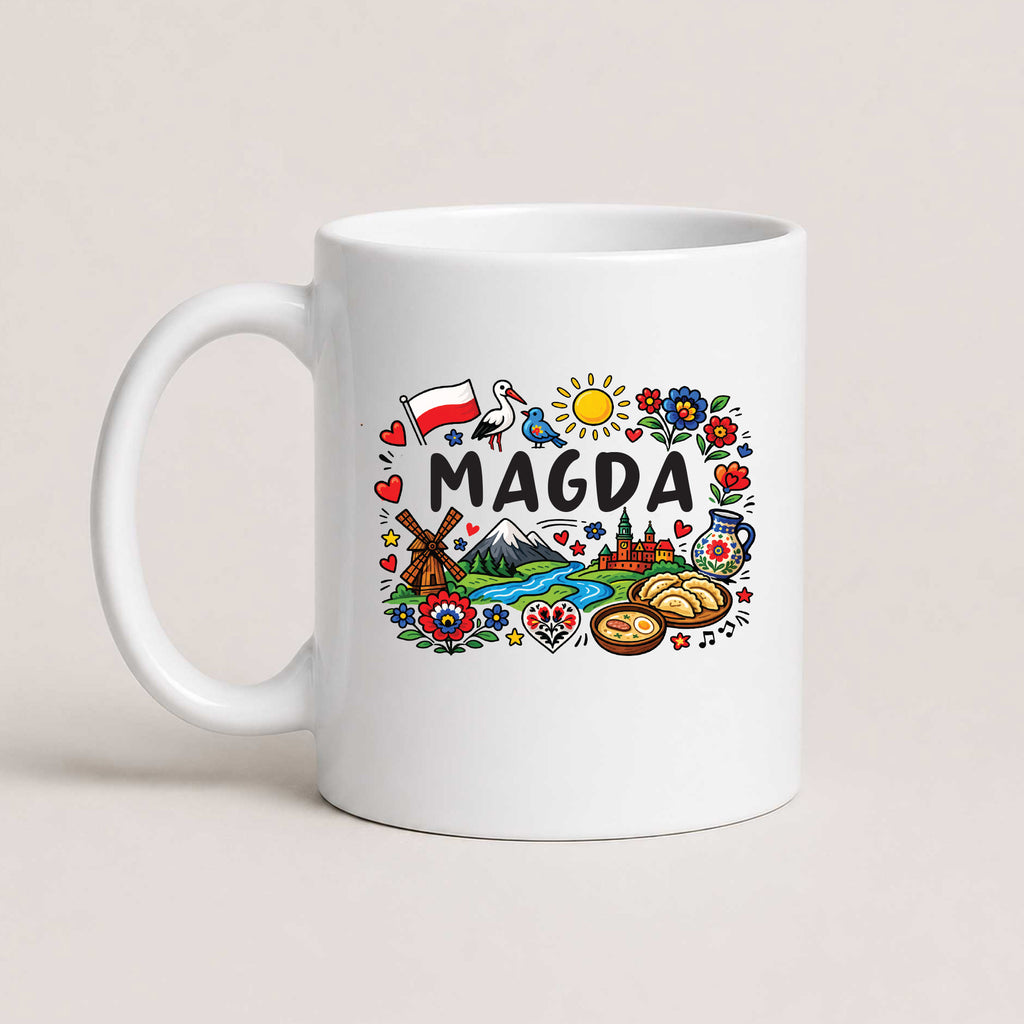 Personalized Poland landmarks mug with custom name, Polish flag, stork, Wawel Castle, windmill and pierogi - white 11oz