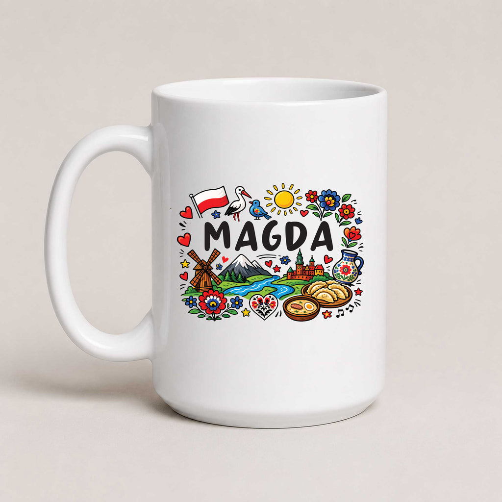Personalized Poland landmarks mug with custom name, Polish flag, stork, Wawel Castle, windmill and pierogi - white 15oz