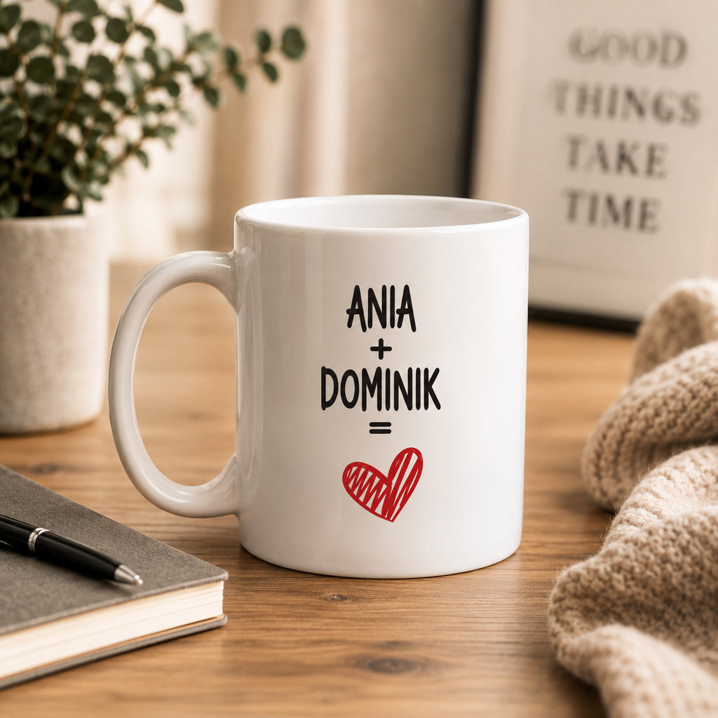 Personalized couple names mug with heart design, lifestyle photo