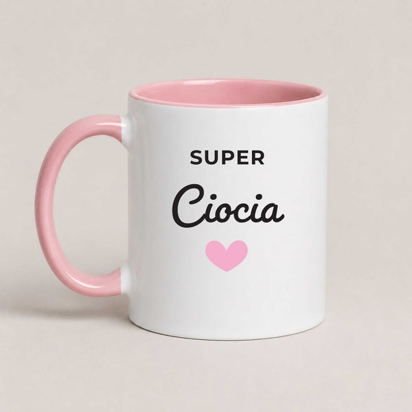 A Pink 11oz ceramic Polish coffee mug featuring the heartfelt phrase 'Super Ciocia'