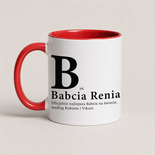 A Red 11oz ceramic Polish coffee mug featuring a custom name and heartfelt Babcia message