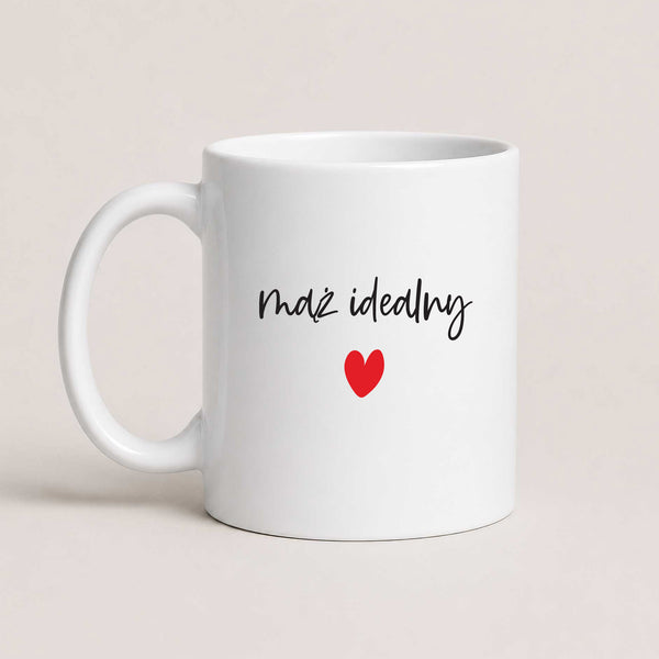 A White 11oz ceramic Polish coffee mug featuring the elegant, minimalist 'Mąż Idealny' design
