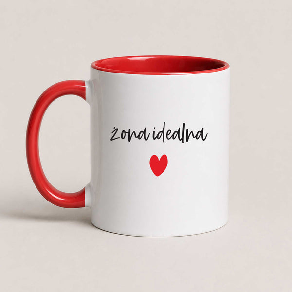 A Red 11oz ceramic Polish coffee mug featuring a minimalist 'Żona Idealna' design with a heart accent