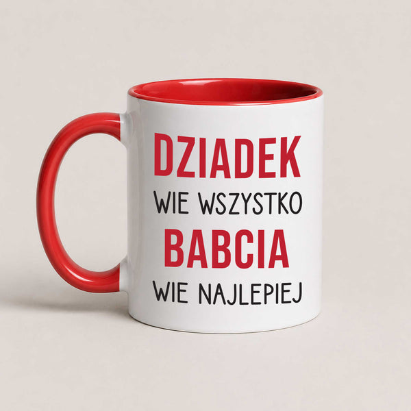 A Red 11oz ceramic Polish coffee mug featuring the saying 'Dziadek wie wszystko, Babcia wie najlepiej'