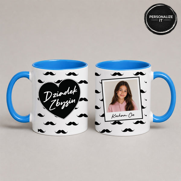 Ceramic Polish coffee mug featuring a custom name, custom photo, mustache design, and the Polish message 'Kocham Cię'