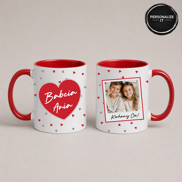 Close-up view of a Red 11oz ceramic Polish coffee mug featuring a custom name, custom photo, and the heartfelt message 'Kochamy Cię!'