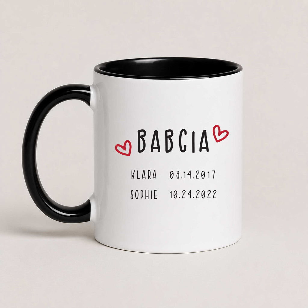 A Black 11oz ceramic Polish coffee mug featuring custom grandchildren's names and birth dates