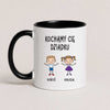 Ceramic Polish coffee mug featuring custom grandchildren illustrations, names, and the message 'Kochamy Cię Dziadku'