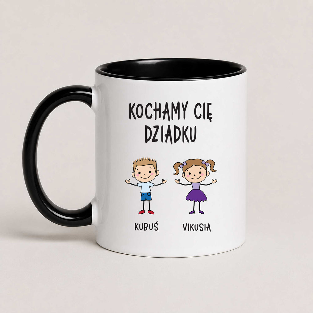 Ceramic Polish coffee mug featuring custom grandchildren illustrations, names, and the message 'Kochamy Cię Dziadku'