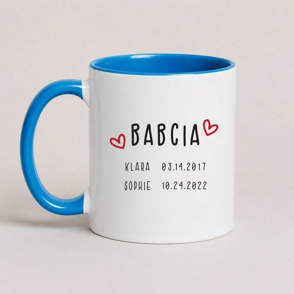 A Blue 11oz ceramic Polish coffee mug featuring custom grandchildren's names and birth dates