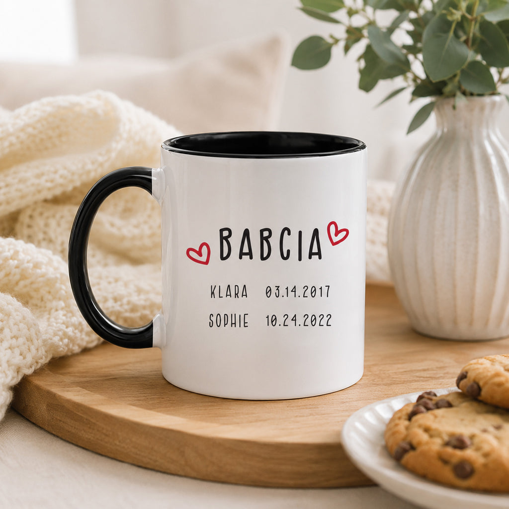 Lifestyle photo of the Polish mug featuring custom grandchildren's names and birth dates