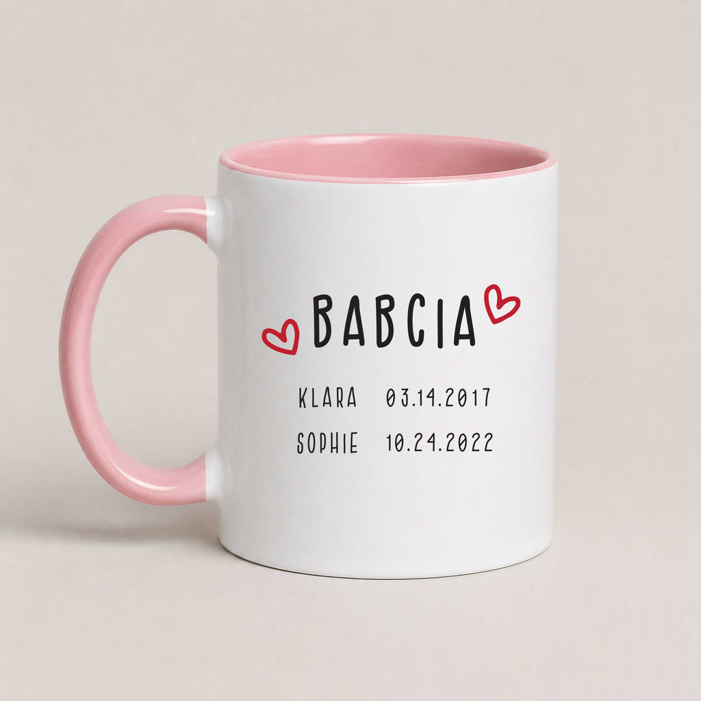A Pink 11oz ceramic Polish coffee mug featuring custom grandchildren's names and birth dates