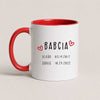 A Red 11oz ceramic Polish coffee mug featuring custom grandchildren's names and birth dates