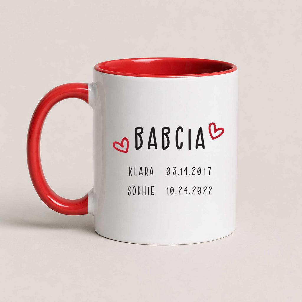 A Red 11oz ceramic Polish coffee mug featuring custom grandchildren's names and birth dates