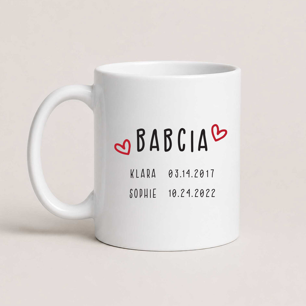 A White 11oz ceramic Polish coffee mug featuring custom grandchildren's names and birth dates