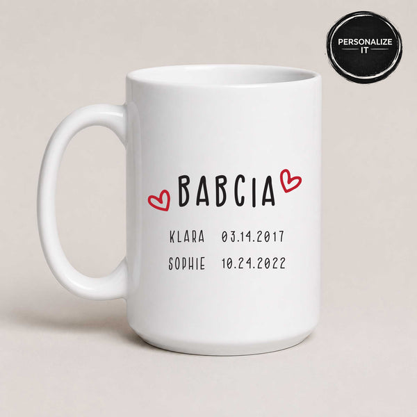 Close-up view of a White 15oz ceramic Polish coffee mug featuring custom grandchildren's names and birth dates
