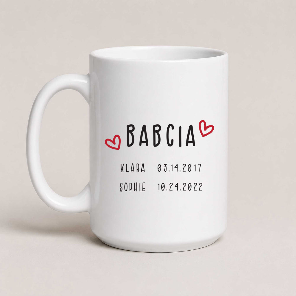 A White 15oz ceramic Polish coffee mug featuring custom grandchildren's names and birth dates