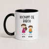 A Black 11oz ceramic Polish coffee mug featuring custom grandchildren illustrations, names, and the message 'Kochamy Cię Babciu'