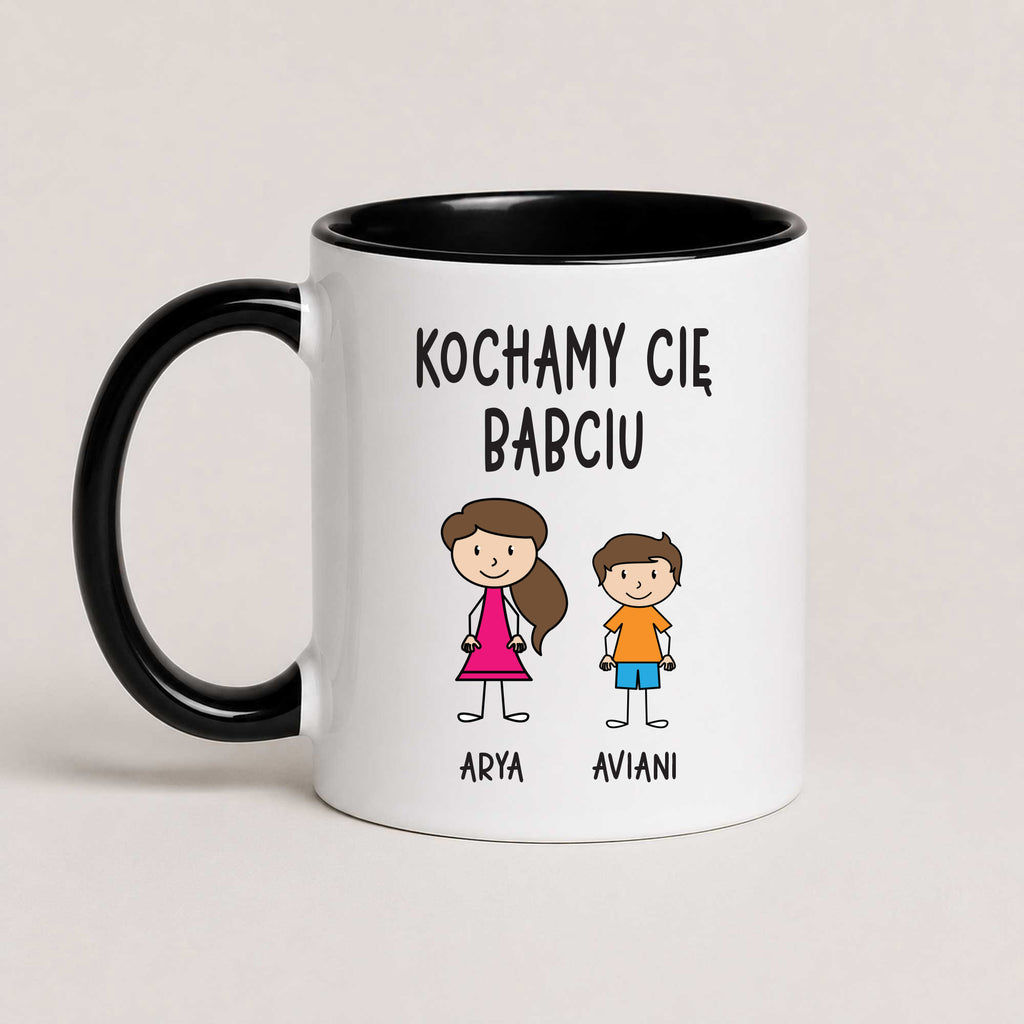 A Black 11oz ceramic Polish coffee mug featuring custom grandchildren illustrations, names, and the message 'Kochamy Cię Babciu'