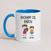 A Blue 11oz ceramic Polish coffee mug featuring custom grandchildren illustrations, names, and the message 'Kochamy Cię Babciu'