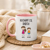 Lifestyle photo of the Polish mug featuring custom grandchildren illustrations, names, and the message 'Kochamy Cię Babciu'
