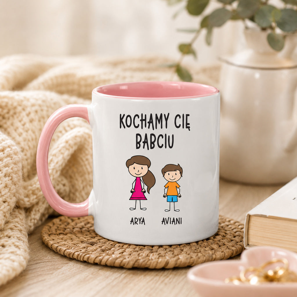 Lifestyle photo of the Polish mug featuring custom grandchildren illustrations, names, and the message 'Kochamy Cię Babciu'