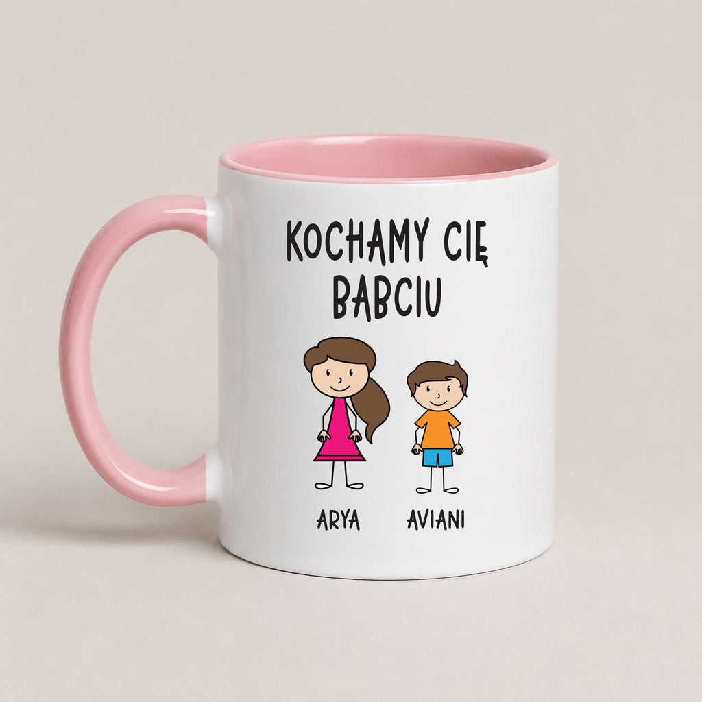 A Pink 11oz ceramic Polish coffee mug featuring custom grandchildren illustrations, names, and the message 'Kochamy Cię Babciu'