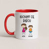 A Red 11oz ceramic Polish coffee mug featuring custom grandchildren illustrations, names, and the message 'Kochamy Cię Babciu'