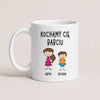 A White 11oz ceramic Polish coffee mug featuring custom grandchildren illustrations, names, and the message 'Kochamy Cię Babciu'