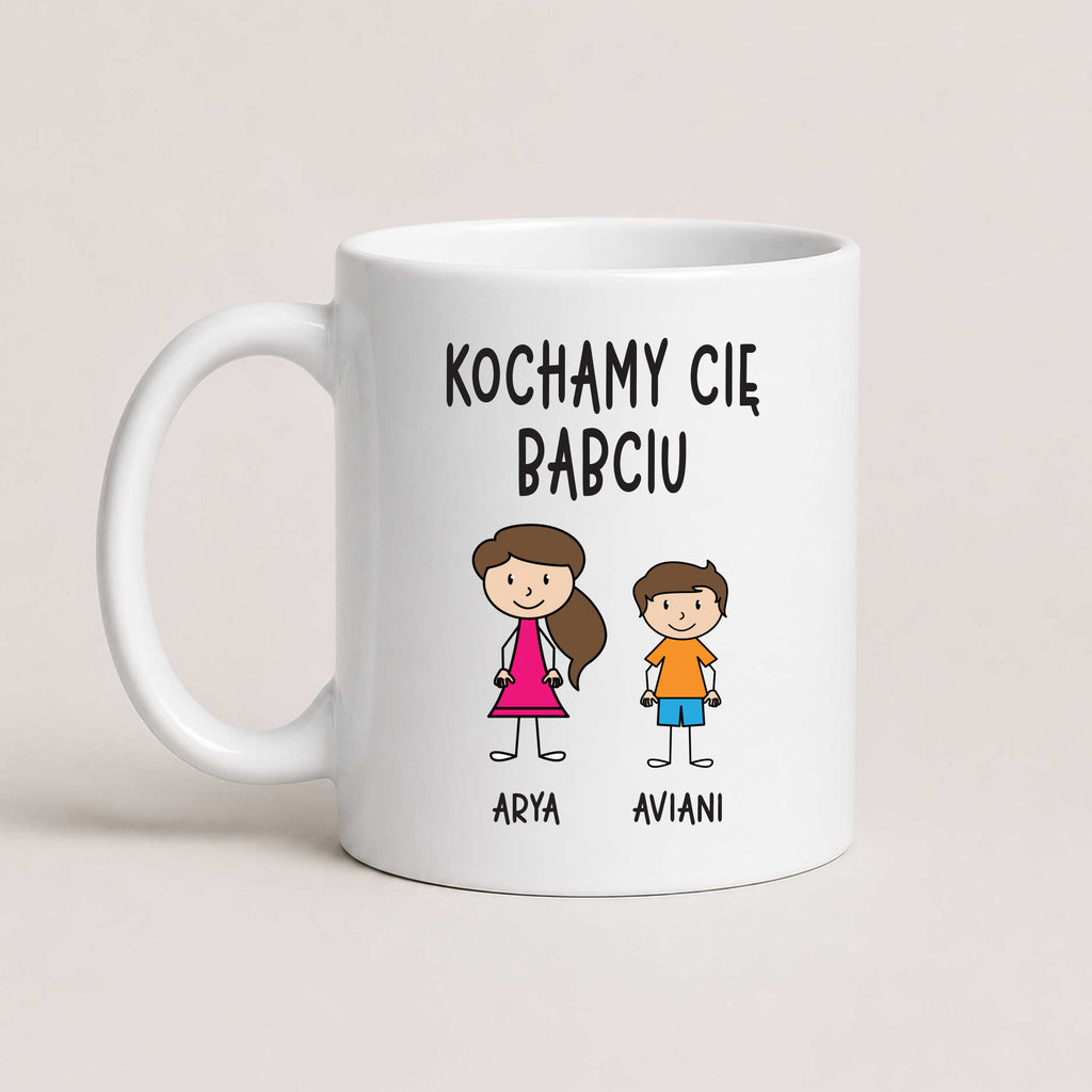 A White 11oz ceramic Polish coffee mug featuring custom grandchildren illustrations, names, and the message 'Kochamy Cię Babciu'