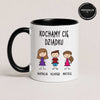 Close-up view of a Black 11oz ceramic Polish coffee mug featuring custom grandchildren illustrations, names, and the message 'Kochamy Cię Dziadku'