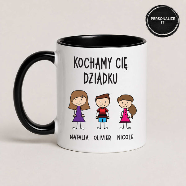 Close-up view of a Black 11oz ceramic Polish coffee mug featuring custom grandchildren illustrations, names, and the message 'Kochamy Cię Dziadku'