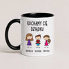 A Black 11oz ceramic Polish coffee mug featuring custom grandchildren illustrations, names, and the message 'Kochamy Cię Dziadku'
