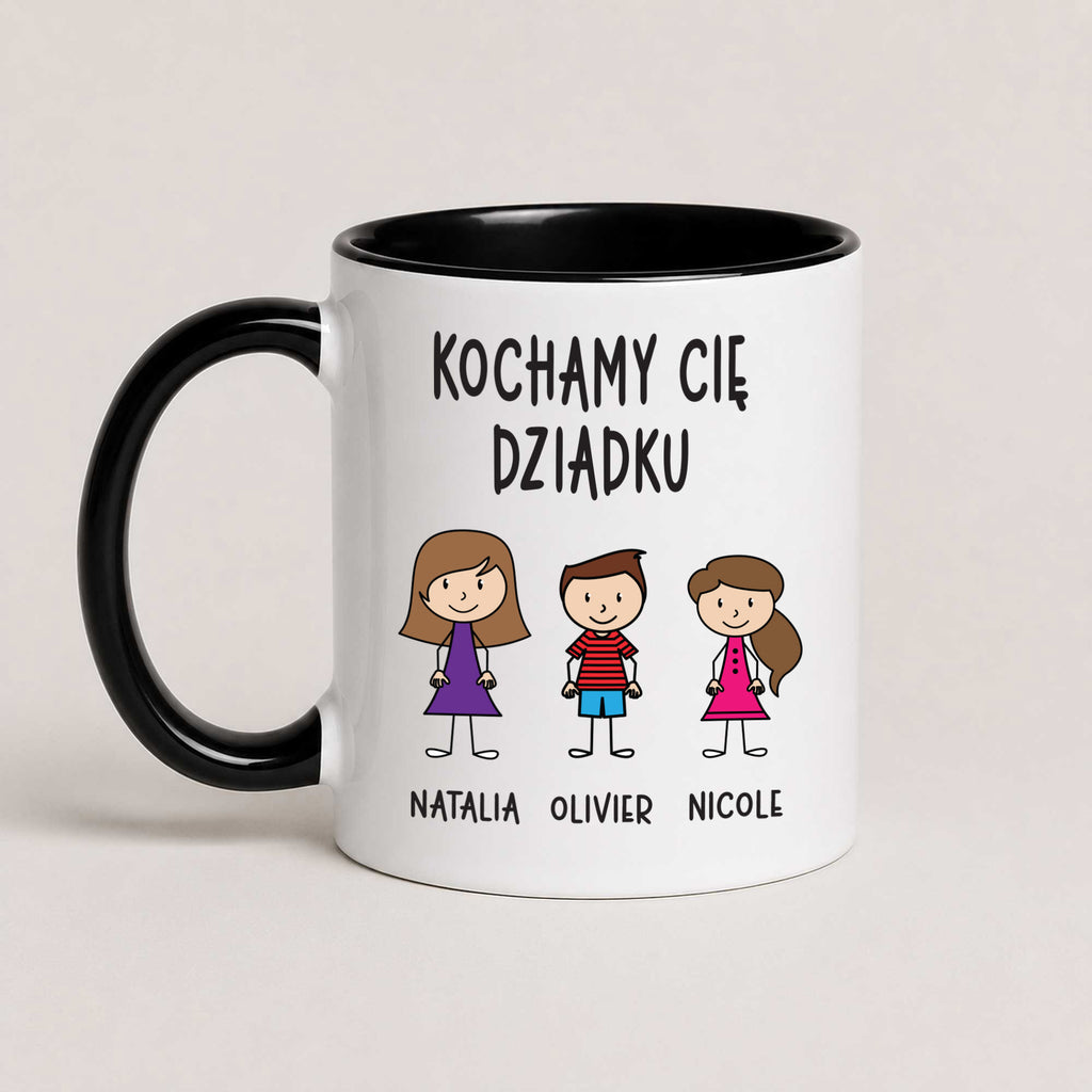 A Black 11oz ceramic Polish coffee mug featuring custom grandchildren illustrations, names, and the message 'Kochamy Cię Dziadku'