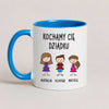 A Blue 11oz ceramic Polish coffee mug featuring custom grandchildren illustrations, names, and the message 'Kochamy Cię Dziadku'