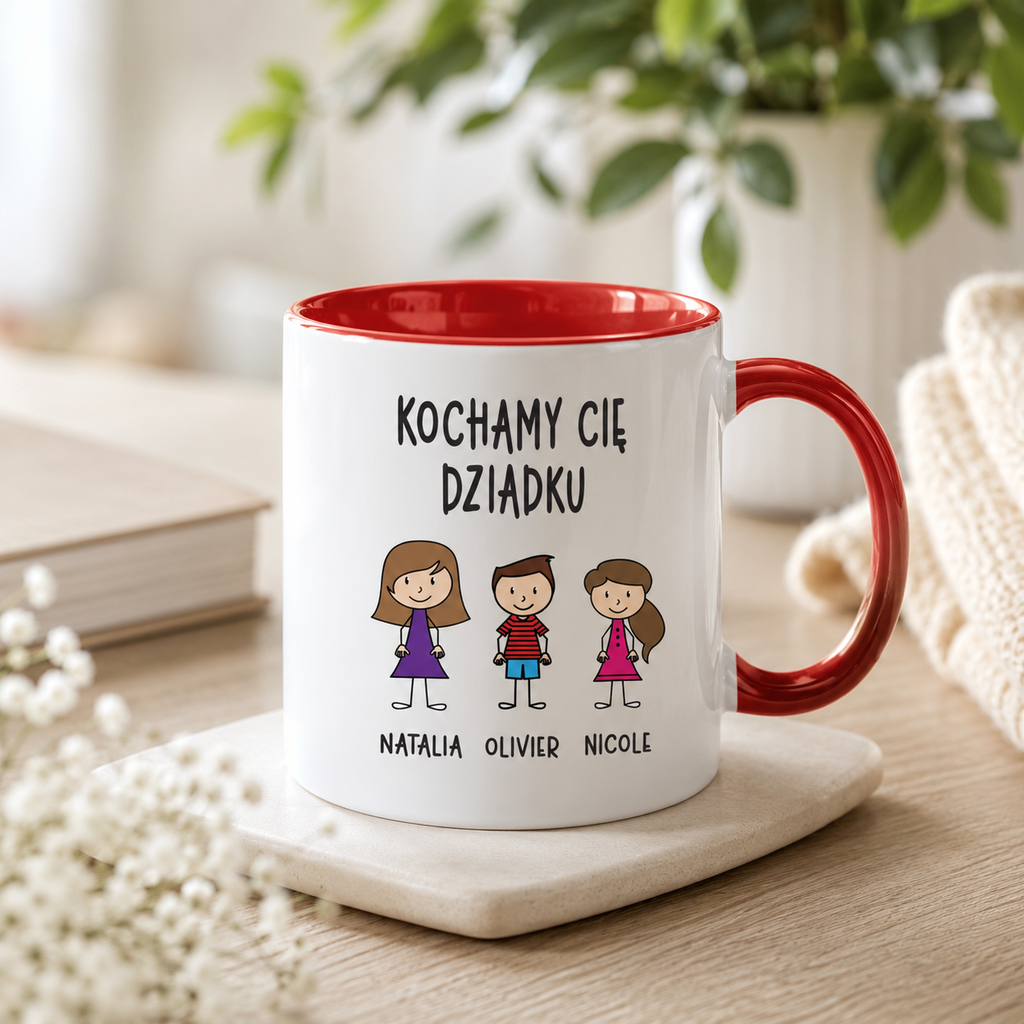 Lifestyle photo of the Polish mug featuring custom grandchildren illustrations, names, and the message 'Kochamy Cię Dziadku'
