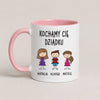 A Pink 11oz ceramic Polish coffee mug featuring custom grandchildren illustrations, names, and the message 'Kochamy Cię Dziadku'