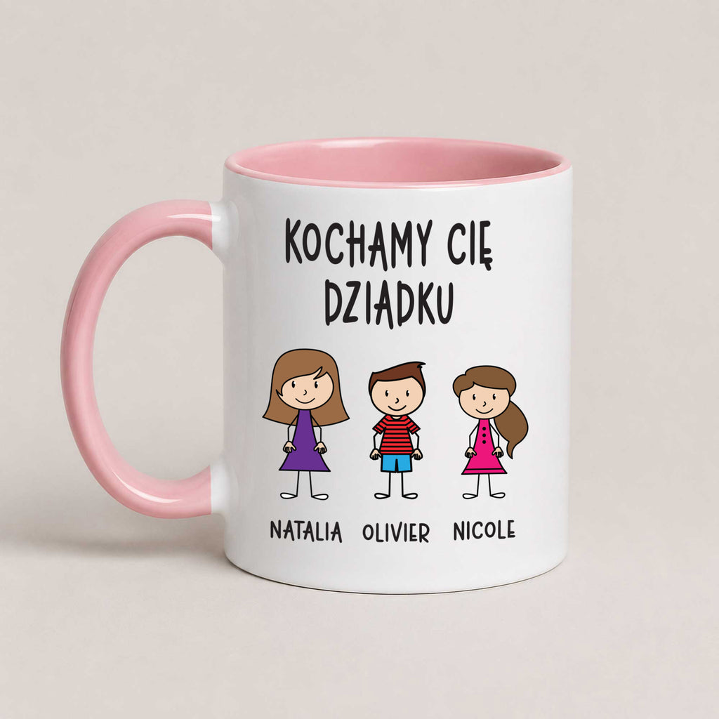 A Pink 11oz ceramic Polish coffee mug featuring custom grandchildren illustrations, names, and the message 'Kochamy Cię Dziadku'
