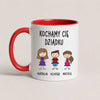 A Red 11oz ceramic Polish coffee mug featuring custom grandchildren illustrations, names, and the message 'Kochamy Cię Dziadku'