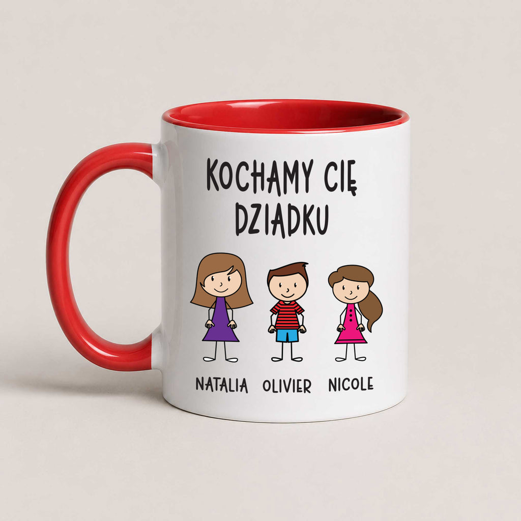 A Red 11oz ceramic Polish coffee mug featuring custom grandchildren illustrations, names, and the message 'Kochamy Cię Dziadku'