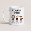 A White 11oz ceramic Polish coffee mug featuring custom grandchildren illustrations, names, and the message 'Kochamy Cię Dziadku'