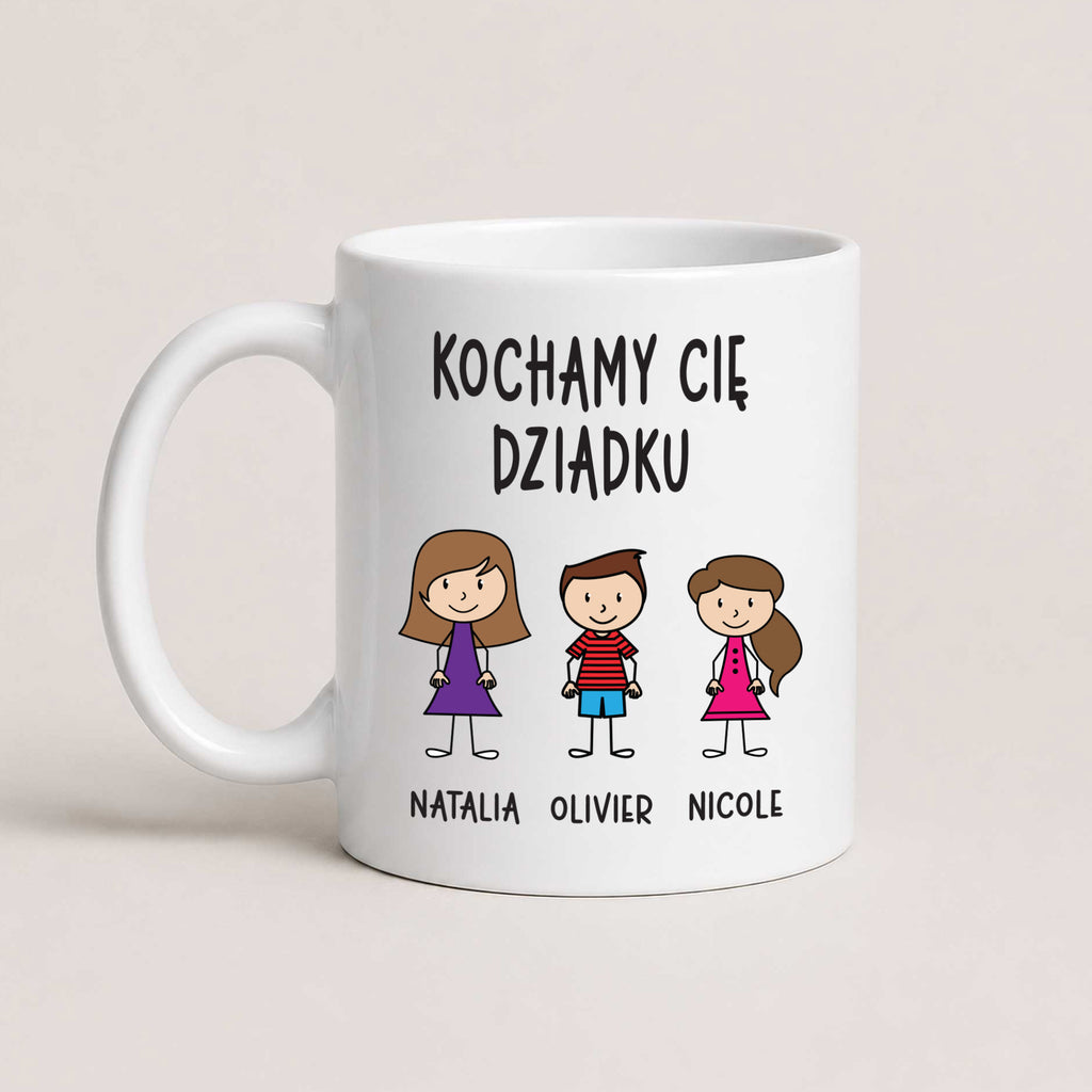 A White 11oz ceramic Polish coffee mug featuring custom grandchildren illustrations, names, and the message 'Kochamy Cię Dziadku'